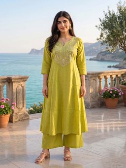 Rangita - Women Lime Green Embroidered Anarkali Kurta With Pant