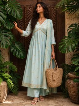 Rangita - Women Blue Embroidered Anarkali Kurta Pant And Dupatta