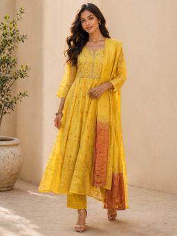 Rangita - Women Yellow Embroidered Anarkali Kurta Pant And Dupatta