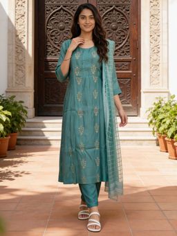 Rangita - Women Blue Embroidered Anarkali Kurta Pant And Dupatta