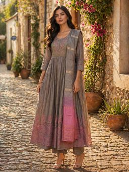Rangita - Women Grey Embroidered Anarkali Kurta Pant And Dupatta