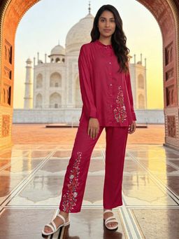 Rangita - Women Pink Rayon Embroidered A-Line Co-Ord Set