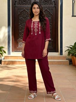 Rangita - Women Maroon Rayon Embroidered A-Line Co-Ord Set