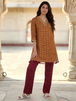 Rangita - Women Mustard Rayon Embroidered A-Line Co-Ord Set