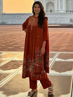 Rangita - Women Rust Embroidered Anarkali Kurta Pant And Dupatta
