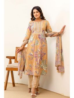 Kohsh - Womens Cotton Floral Print A-Line Kurta Palazzo And Dupatta (Beige)