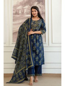 Kohsh - Womens Cotton Ethnic Motif A-Line Kurta Palazzo And Dupatta (Navy Blue)