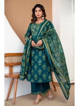 Kohsh - Womens Cotton Ethnic Motif A-Line Kurta Palazzo And Dupatta (Teal)