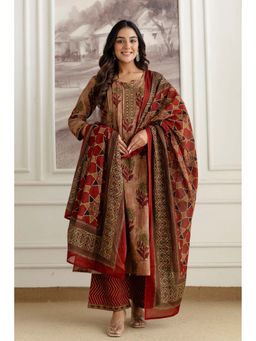 Kohsh - Womens Cotton Embellishments A-Line Kurta Palazzo And Dupatta (Rust)