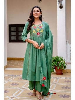 Kohsh - Womens Cotton A-Line Kurta Palazzo And Dupatta (Green)
