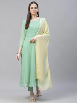 Jompers - Women Green and Yellow Regular Sequinned Kurta with Trousers & Dupatta (Set of 3)