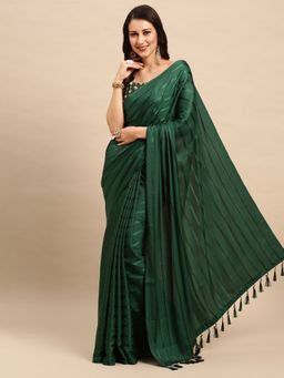 Akhilam - Womens Satin Green Embellished Designer Saree with Unstitched Blouse