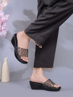 Jove - Women Black Embellished Wedges Heels