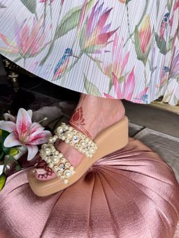 Sandal Stories - Women Yellow Pearl And Crystal C Shape Nude Wedges Heels