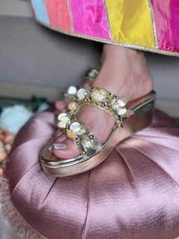 Sandal Stories - Women Golden 3D Flower Embellished Wedges Heels