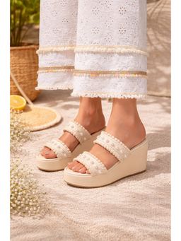 Sandal Stories - Women Cream Grace Pearl Studded Wedges Heels