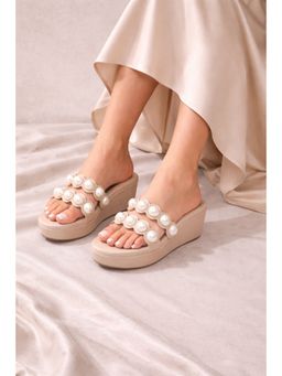 Sandal Stories - Women Nude Pearl Elegance Embellished Wedges Heels