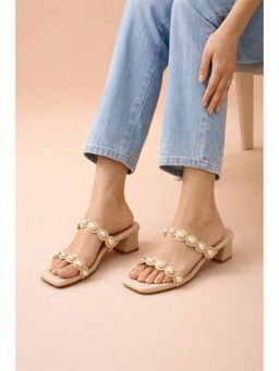 Sandal Stories - Women Beige Elegant Pearl Touch Block Heels