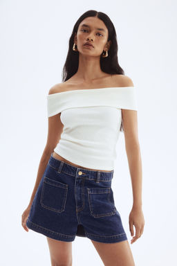 H&M - Women White Rib-Knit Off-The-Shoulder Top