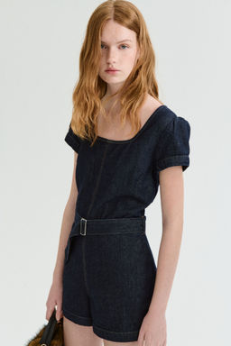 H&M - Women Blue Belted Denim Playsuit
