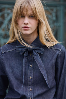 H&M - Women Blue Bow-Detail Denim Blouse