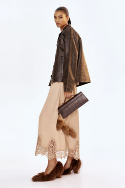 H&M - Women Beige Lace-Trimmed Satin Skirt