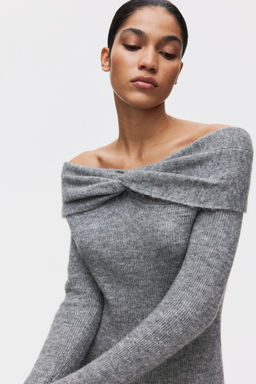 H&M - Women Grey Fine-Knit Off-The-Shoulder Dress