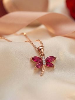 Ornate Jewels - 925 Silver 18K Rose Gold Red Ruby Butterfly Pendant With Chain For Women & Girls