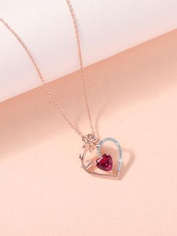 Ornate Jewels - 925 Silver 18K Rose Gold Plated Red Ruby Heart Necklace for Women & Girls