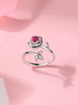 Ornate Jewels - 925 Silver Round Red Ruby Blooming Rose Adjustable Ring Valentine Gift for Girlfriend