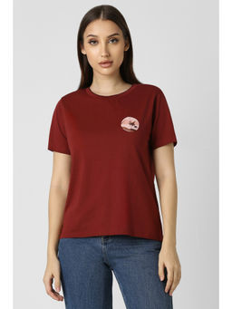 Van Heusen - Women Maroon Solid Round Neck T-Shirt