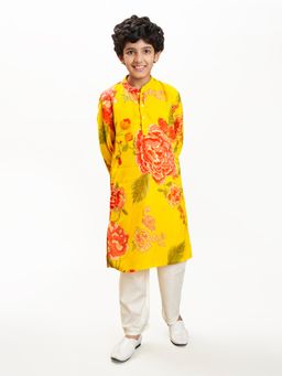 Bittu by Bhama - Yellow Floral Kurta and Pyjama