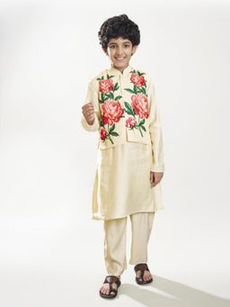 Bittu by Bhama - Off White Floral Kurta with Jacket and Pyjama