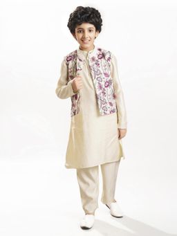 Bittu by Bhama - Off White Floral Kurta with Jacket and Pyjama