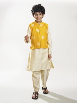 Bittu by Bhama - Off White Woven Kurta with Jacket and Pyjama