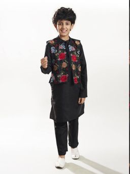 Bittu by Bhama - Black Floral Kurta with Jacket and Pyjama