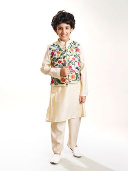 Bittu by Bhama - Off White Floral Kurta with Jacket and Pyjama
