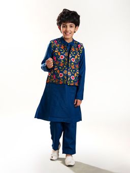 Bittu by Bhama - Blue Floral Kurta with Jacket and Pyjama
