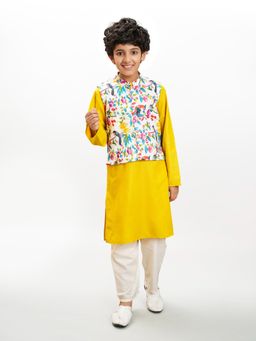 Bittu by Bhama - Yellow Floral Kurta with Jacket and Pyjama