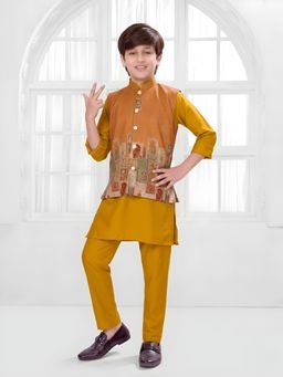 Mini Stitch - Mustard Floral Kurta with Jacket and Pant