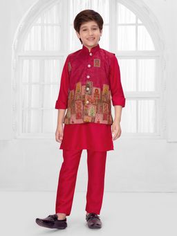 Mini Stitch - Red Floral Kurta with Jacket and Pant