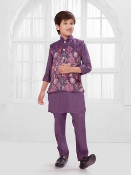 Mini Stitch - Purple Floral Kurta with Jacket and Pant