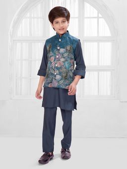 Mini Stitch - Turquoise Floral Kurta with Jacket and Pant
