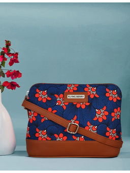 FLYING BERRY - Blue Ethnic Floral Print Handcrafted Vegan Leather Sustainable Sling Bag