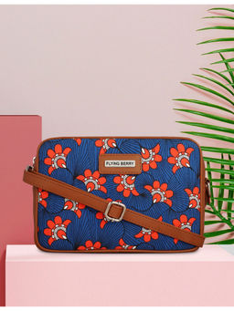 FLYING BERRY - Blue Ethnic Floral Print Handcrafted Vegan Leather Sling Bag