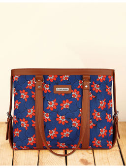 FLYING BERRY - Blue Ethnic Floral Print Handcrafted Vegan Leather Sustainable Shoulder Laptop Bags