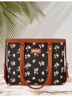 FLYING BERRY - Black Ethnic Floral Print Handcrafted Vegan Leather Sustainable Shoulder Laptop Bags