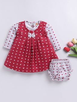 Hopscotch - Girls Maroon and Grey Polka Dot Print T-Shirt, Bloomer and Casual Dress