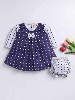 Hopscotch - Girls Navy and Grey Polka Dot Print T-Shirt, Bloomer and Casual Dress