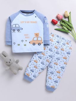 Hopscotch - Boys Blue Car Print Cotton T-Shirt and Joggers Set